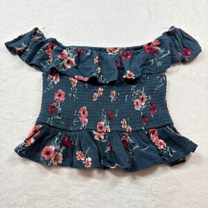 B.O.G Collective Floral Smocked Top Women Medium Teal Blue Excellent Boho Ruffle